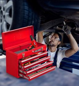 20.3inch Metal Tool Box With 2-4 Drawers Portable Steel Tool Chest With Metal Cylinder Lock And Latch Closure, Black And Red Two Color Powder Coa (Option: Four Drawer-Red)